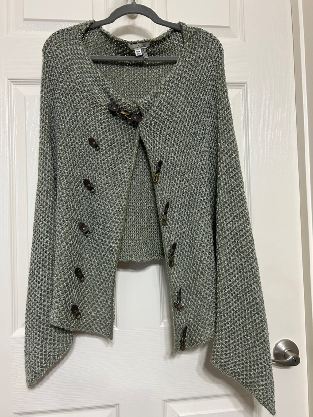 Simply Noelle Olive Toggle Knit Cape Sage Poncho with Antique Gold Tone Closures